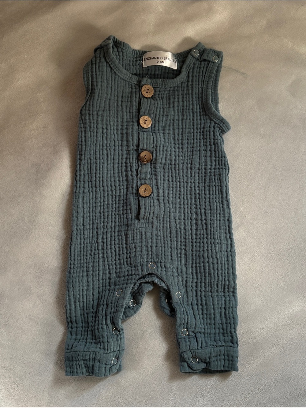 Enchanted Beauty Slate Green Muslin Baby Romper